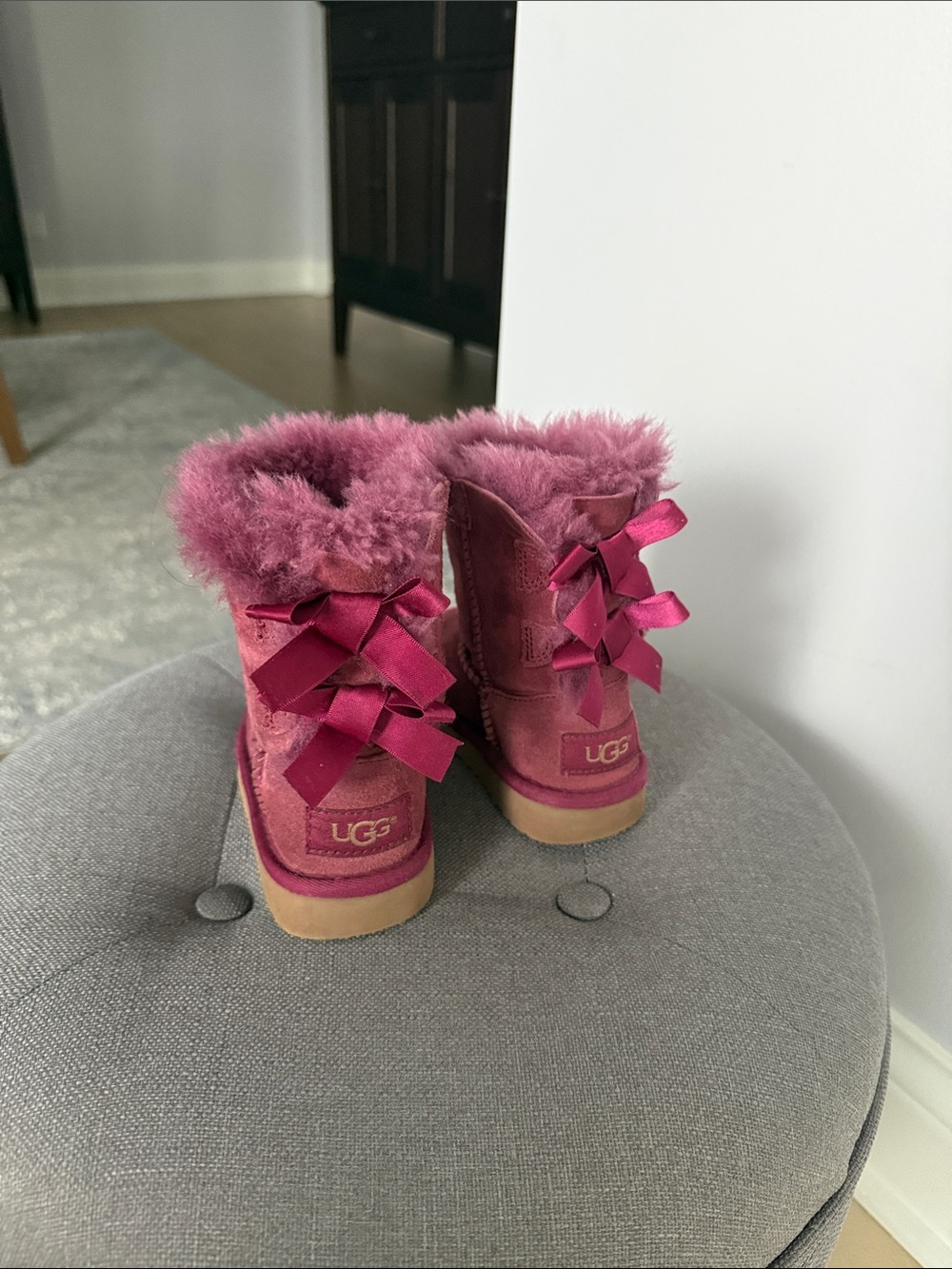 UGG Kids Rose Pink Shearling Bow Back Boots